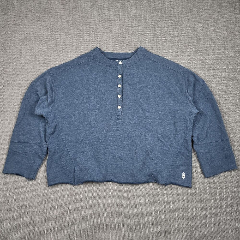 FP Movement Free People Womens L Snap Henley Raw Hem Cropped Sweatshirt Blue